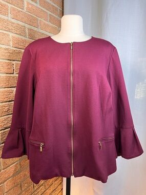 Roz & Ali burgundy zip blazer jacket with gold accents - 2X